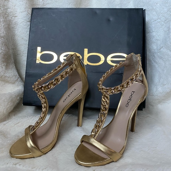 BEBE GOLD “SHIREEN” HEELS WITH GOLD CHAIN-LINK - Picture 3 of 11